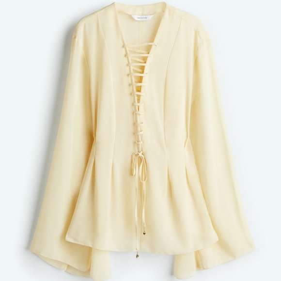 H&M S/S 2025 Edition Lacing-detail Front Chiffon Blouse M Pale Yellow - Picture 5 of 10